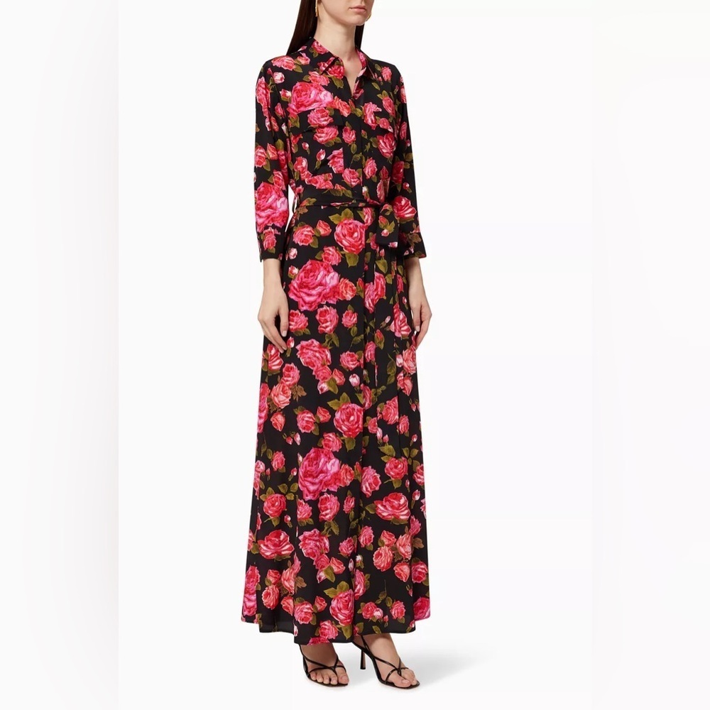 L’AGENCE Teddy 3/4 Sleeve Jumpsuit 100% Silk Black with Red Roses Size Small